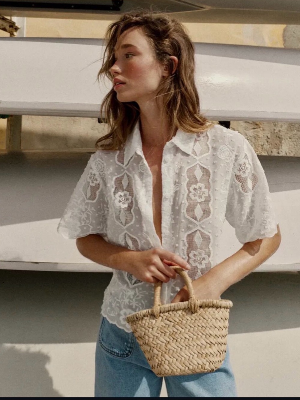 🔥🔥Zara White Lace Button-Front Short Sleeve Top